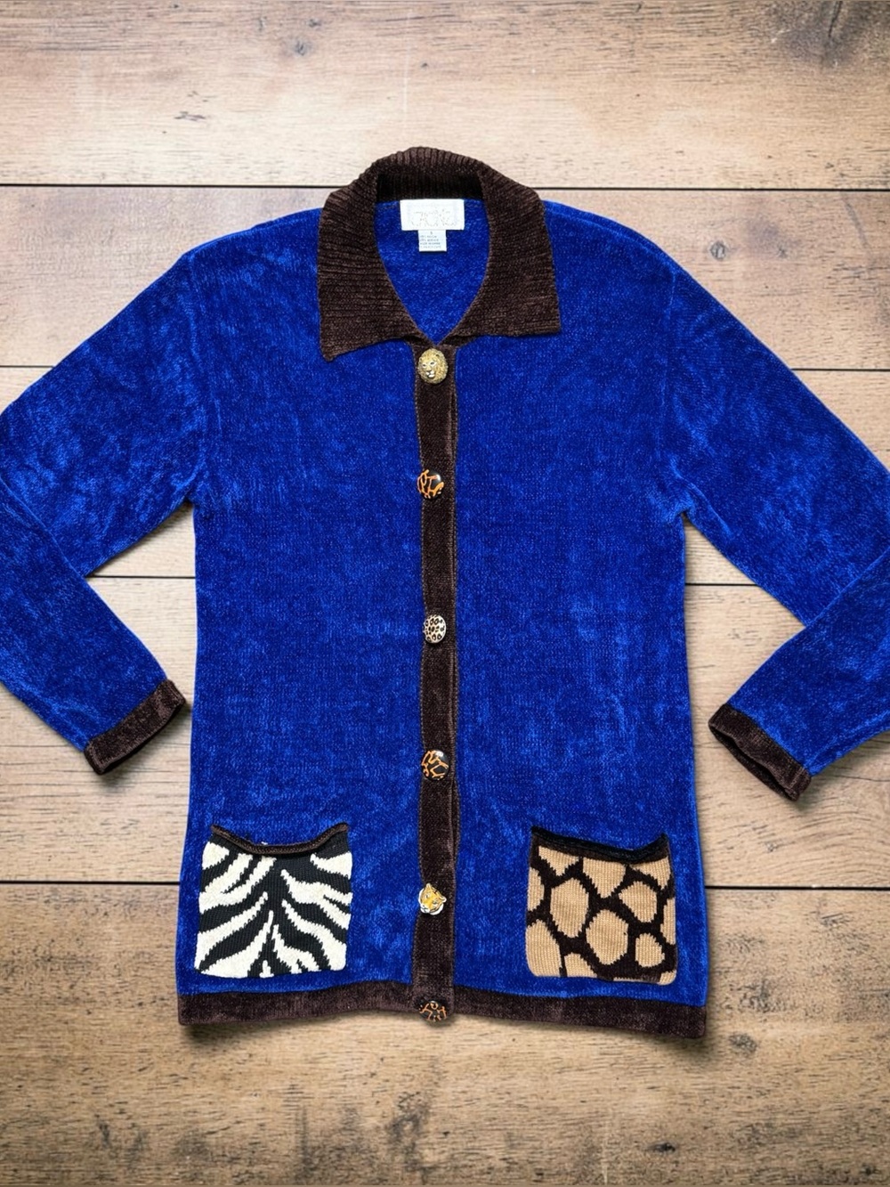 Vintage Cache Sweater Cardigan Velour Animal Print Jungle Safari S Small